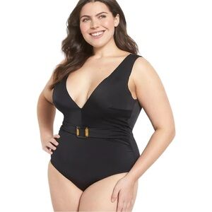 Lane Bryant NWOT No-Wire Belted Swim One-Piece in Black- 26
